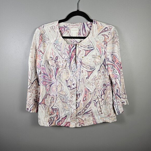 Chico's Linen Jacket Paisley Multi-Print Style 3/4 Sleeve Women's Size 1 Medium - Picture 1 of 6